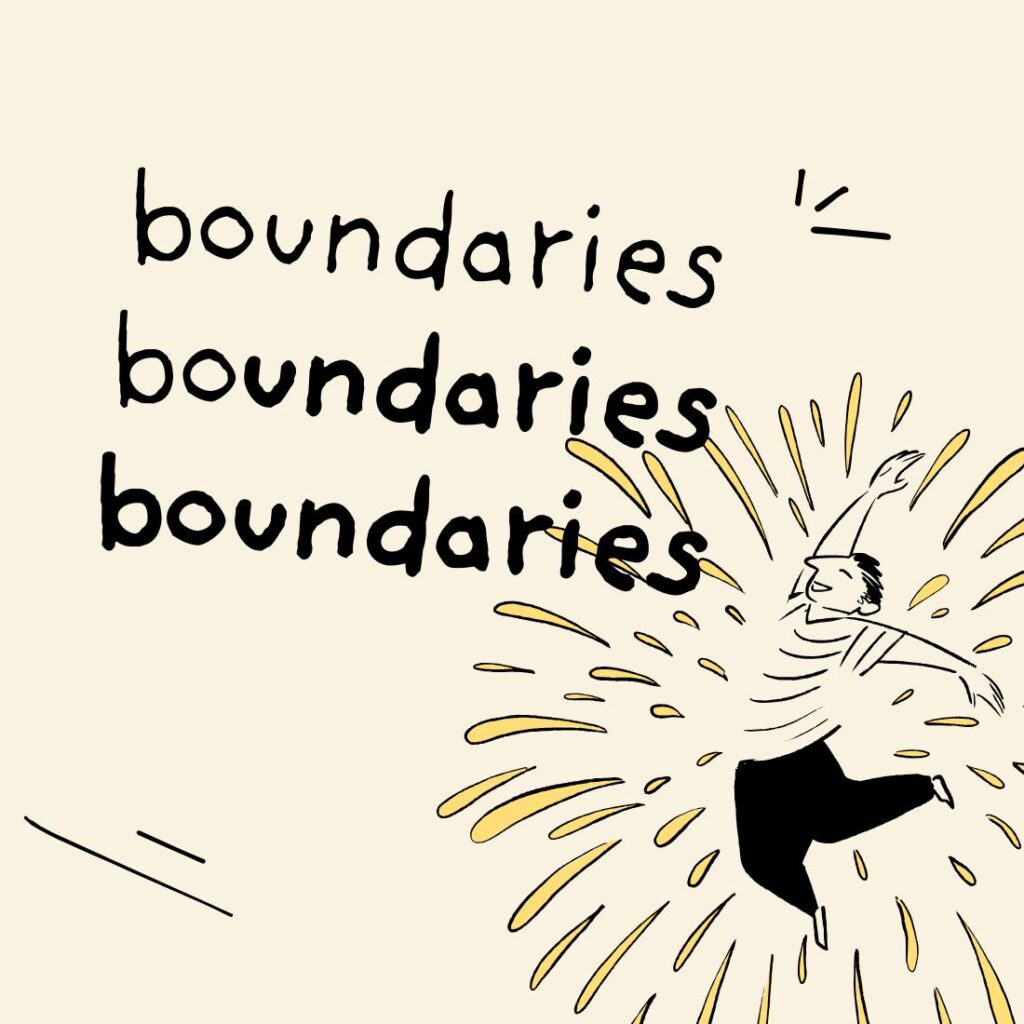 Hand-drawn illustration of the word boundaries written three times, beside a person leaping in a burst of yellow rays